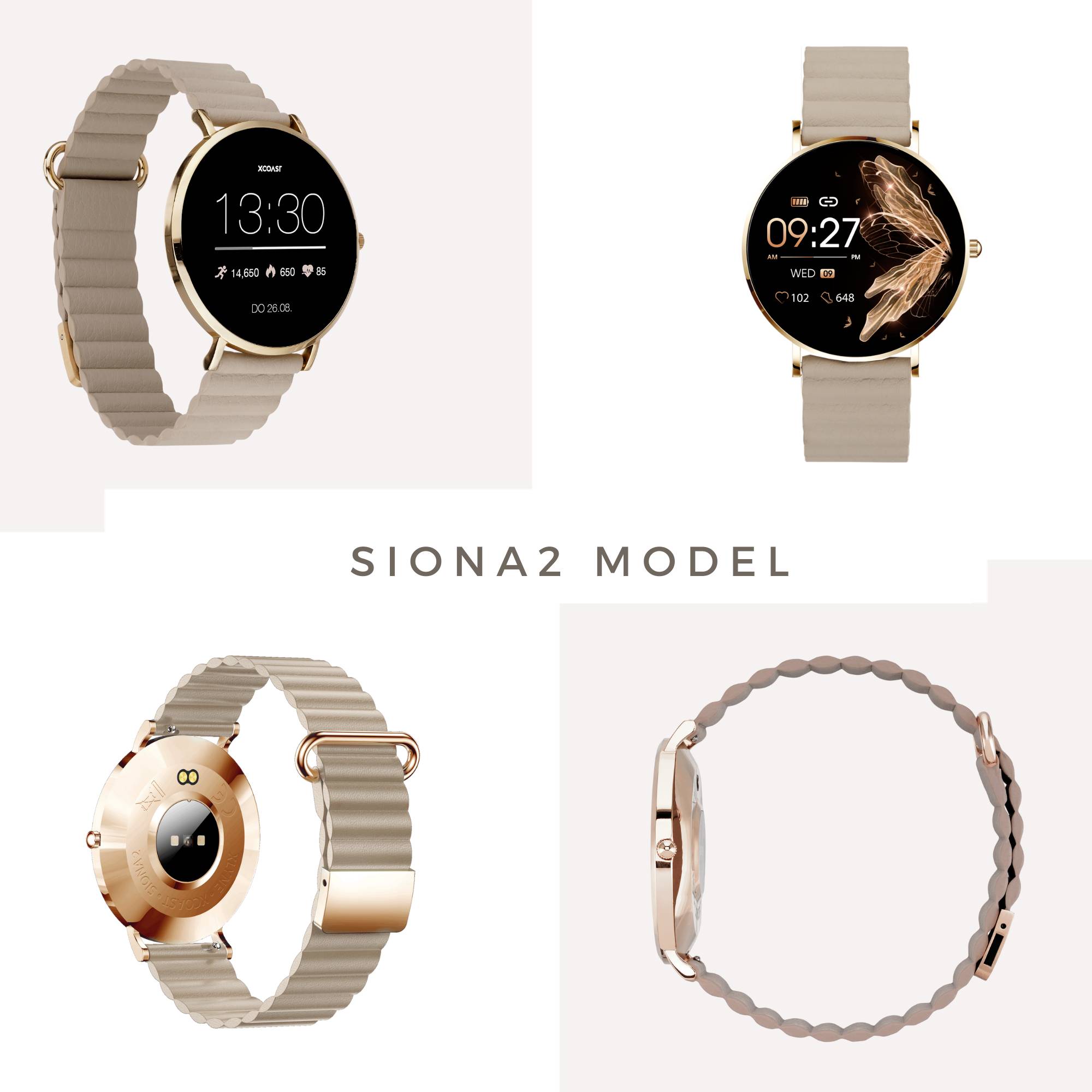 Vier Ansichten einer eleganten, modernen Smartwatch (Siona2 Model) mit rundem Display und goldenen Akzenten.