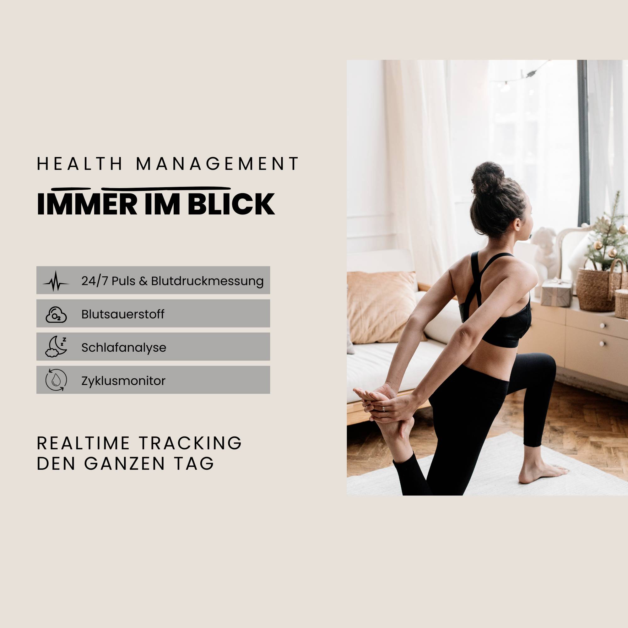 Frau in Yoga-Pose in einem gemütlichen Wohnzimmer. Links Text zu Gesundheitsmanagement und Tracking: Puls, Sauerstoff, Schlaf, Zyklus.