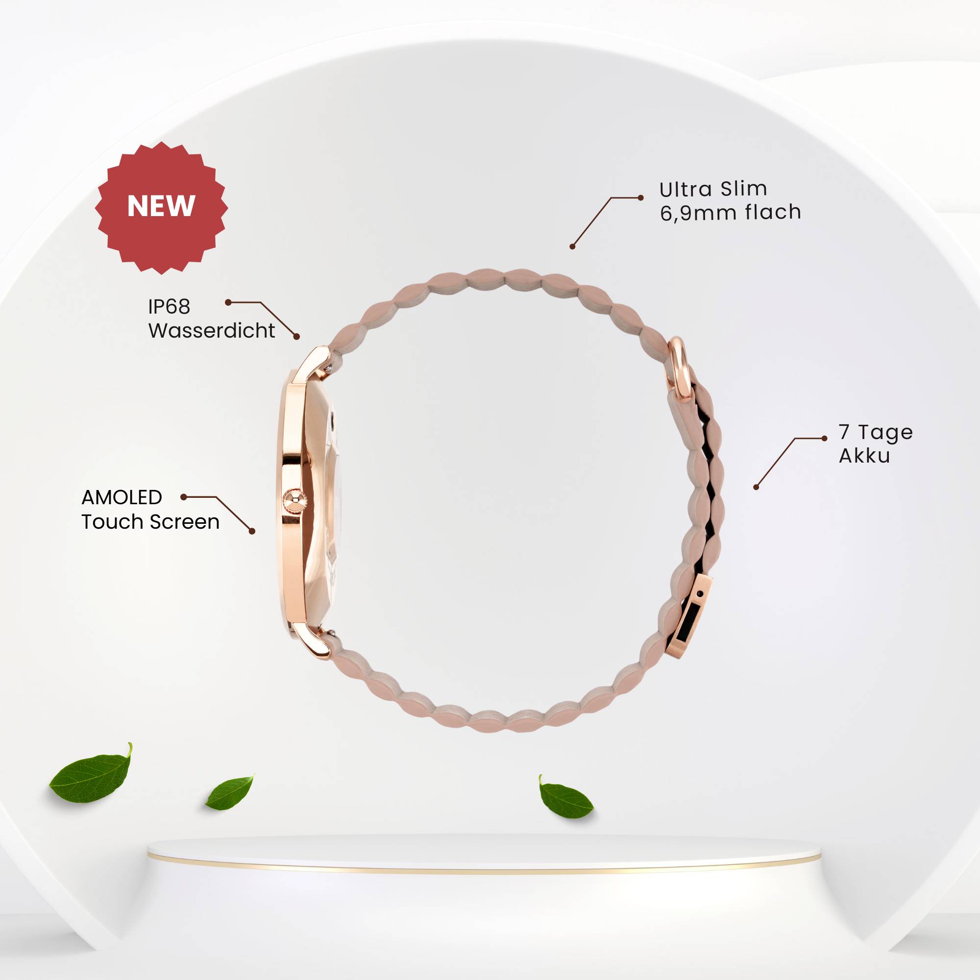 Eine goldene Smartwatch mit rundem Zifferblatt, AMOLED Touchscreen, 6,9 mm dünn, wasserdicht IP68 und 7 Tage Akkulaufzeit.