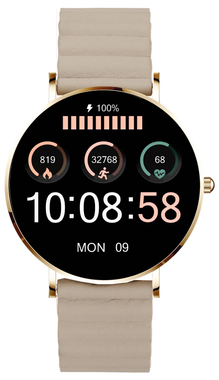 Digitale Smartwatch mit rundem Display zeigt Schritte, Kalorienverbrauch, Herzfrequenz, Uhrzeit '10:08:58' und Datum 'MON 09'.