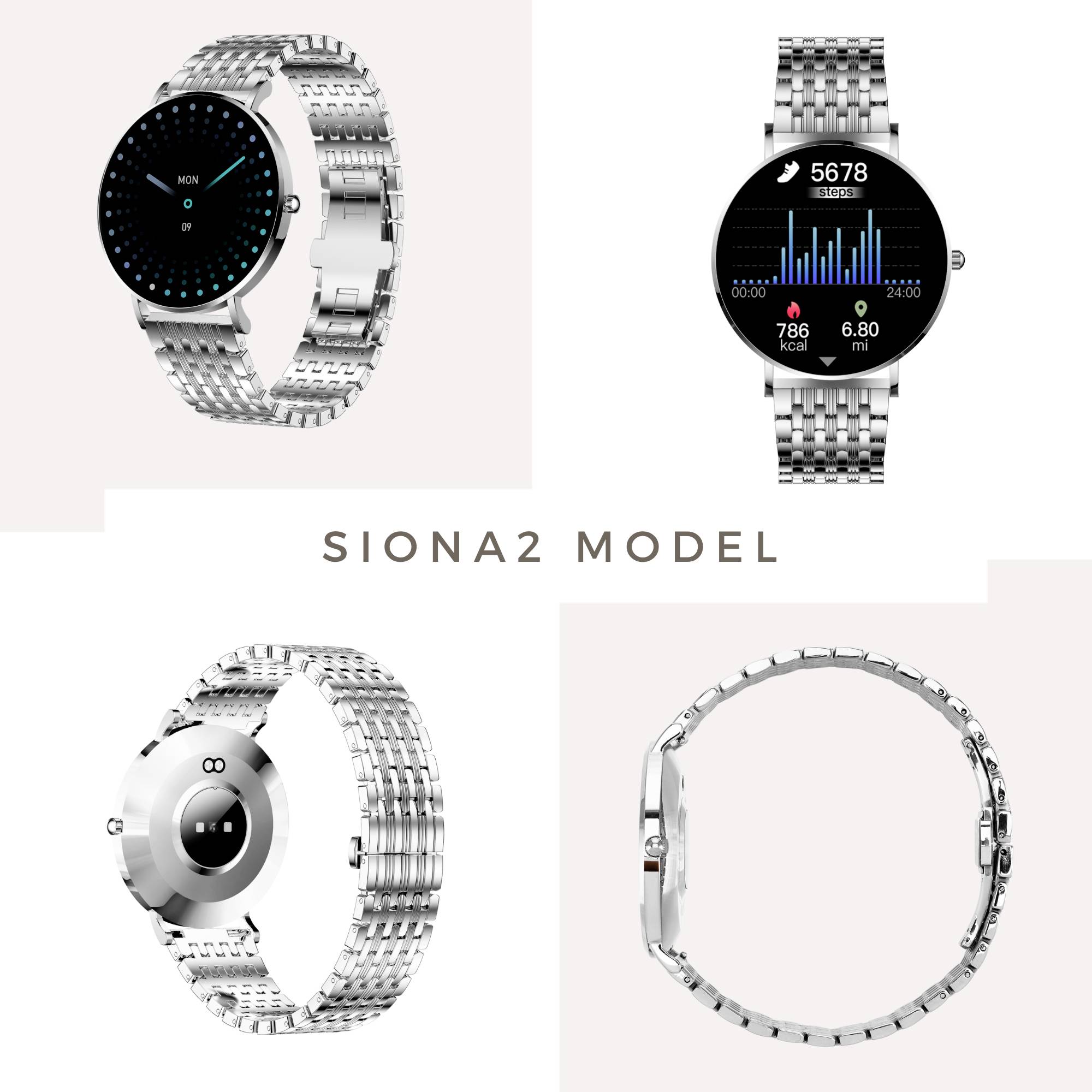 Vier Ansichten einer silbernen Smartwatch namens 'SIONA2 Model'. Bildschirme zeigen Datum, Schrittzahl, Kalorienverbrauch und Rückansicht.