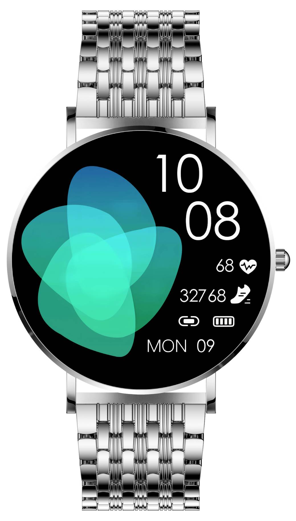 Elegante Smartwatch mit Metallarmband zeigt Uhrzeit, Herzfrequenz und Schritte auf dem Display. Links eine abstrakte, mehrfarbige Grafik.