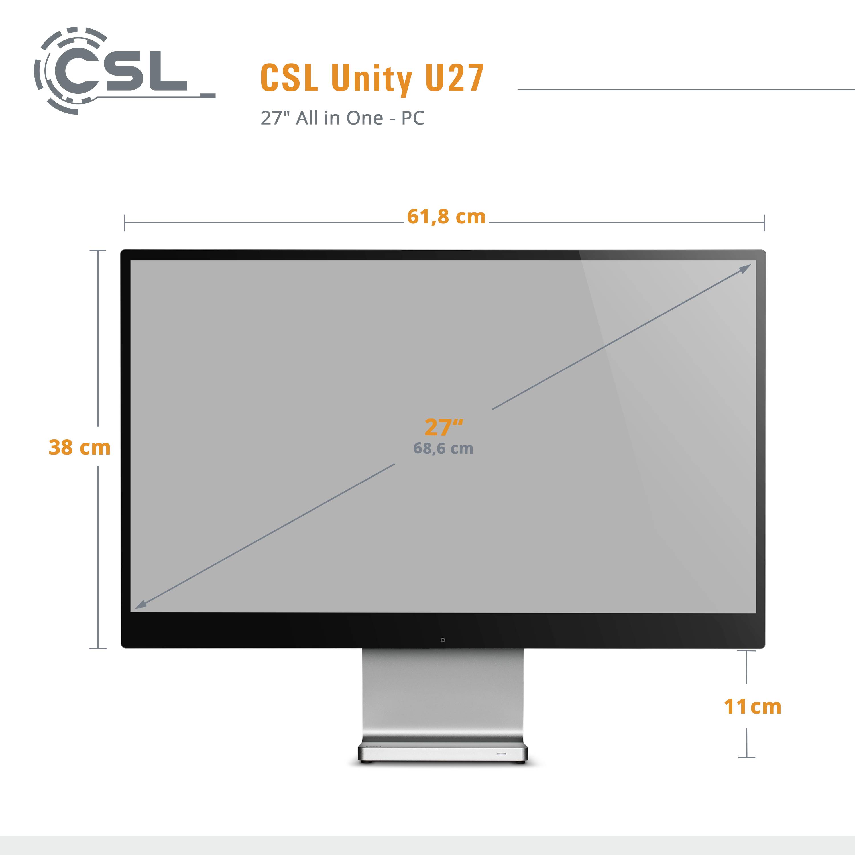 'CSL Unity U27' All-in-One-PC mit 68,6 cm Bildschirmdiagonale, 61,8 cm Breite, 38 cm Höhe und 11 cm Tiefe.