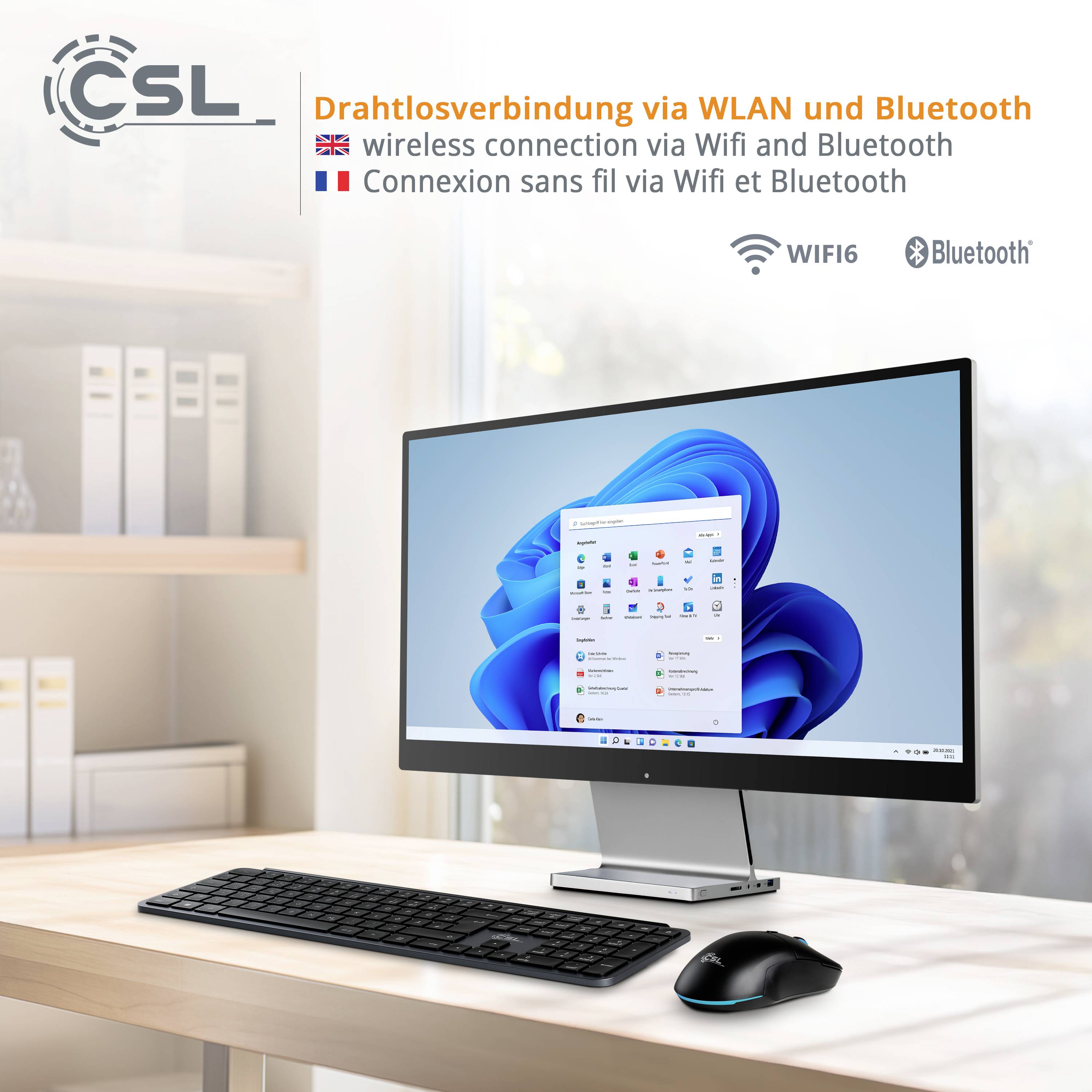 Ein Desktop-PC mit Tastatur und Maus zeigt einen Bildschirm mit einer Windows-Oberfläche. Oben steht 'Drahtlosverbindung via WLAN und Bluetooth'.