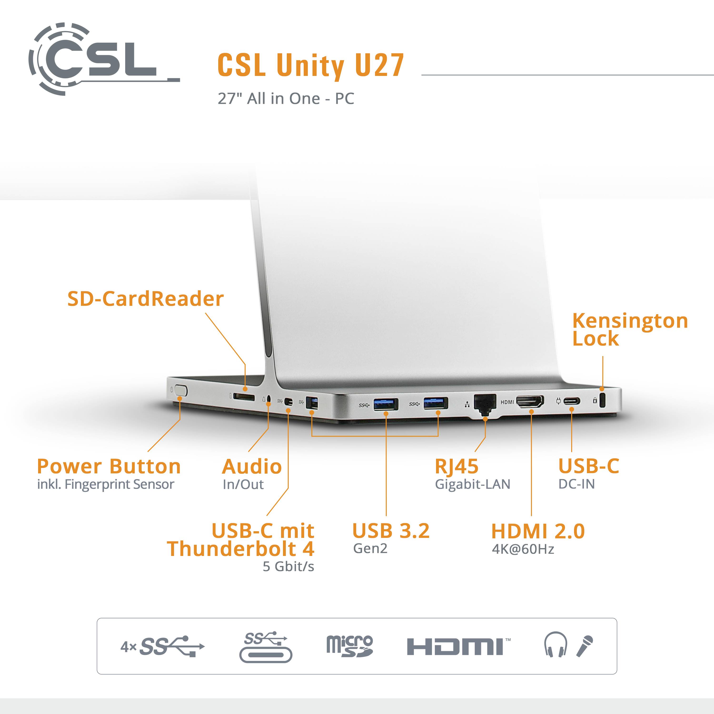 'CSL Unity U27' All-in-One-PC: Rückseite mit Anschlüssen. Enthält SD-Kartenleser, USB, RJ45, HDMI, LAN, Mikro und Netzkabelanschluss.