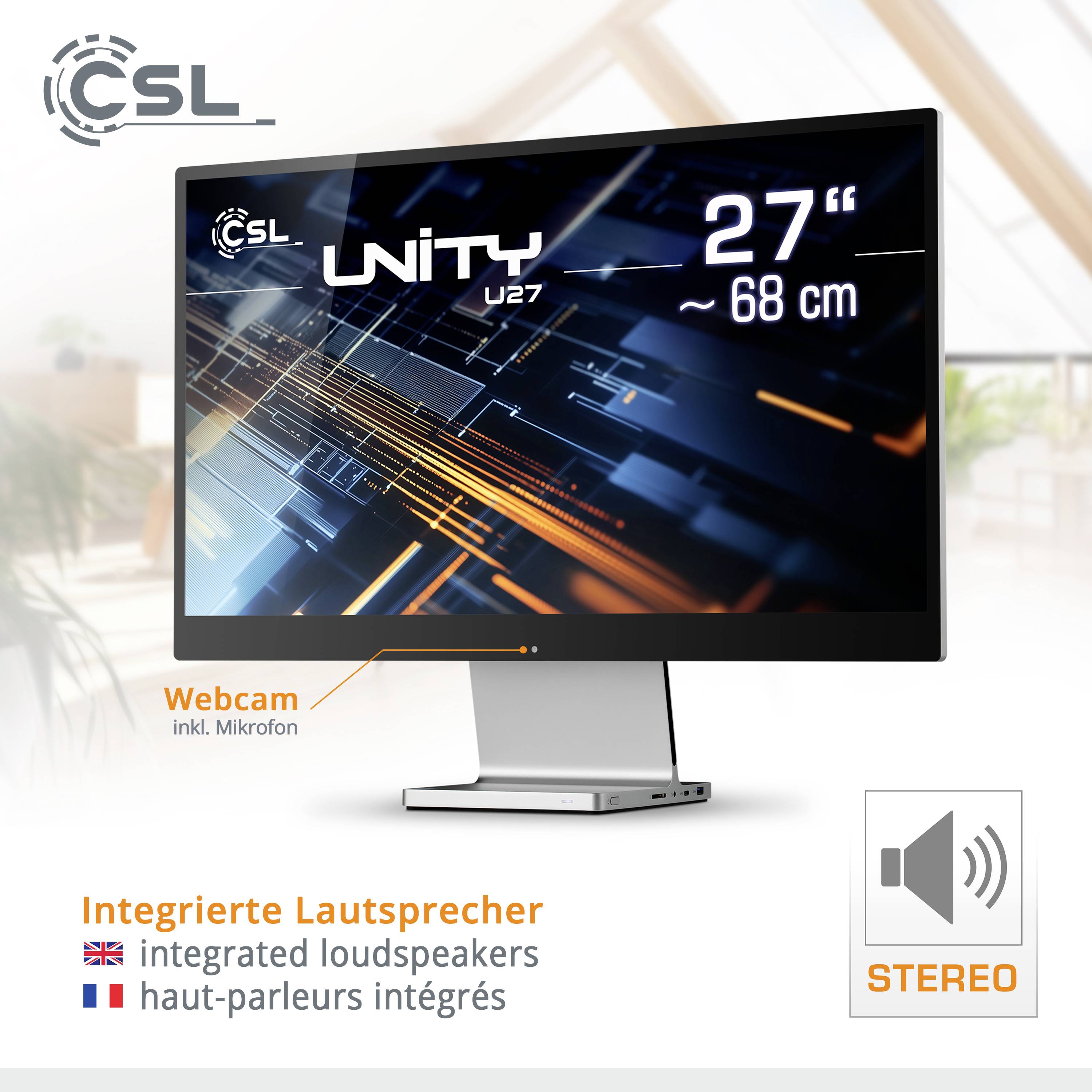 Monitor 'CSL Unity U27' mit einer Bildschirmdiagonale von 27 Zoll (68 cm), integriertem Lautsprecher und Webcam inklusive Mikrofon.