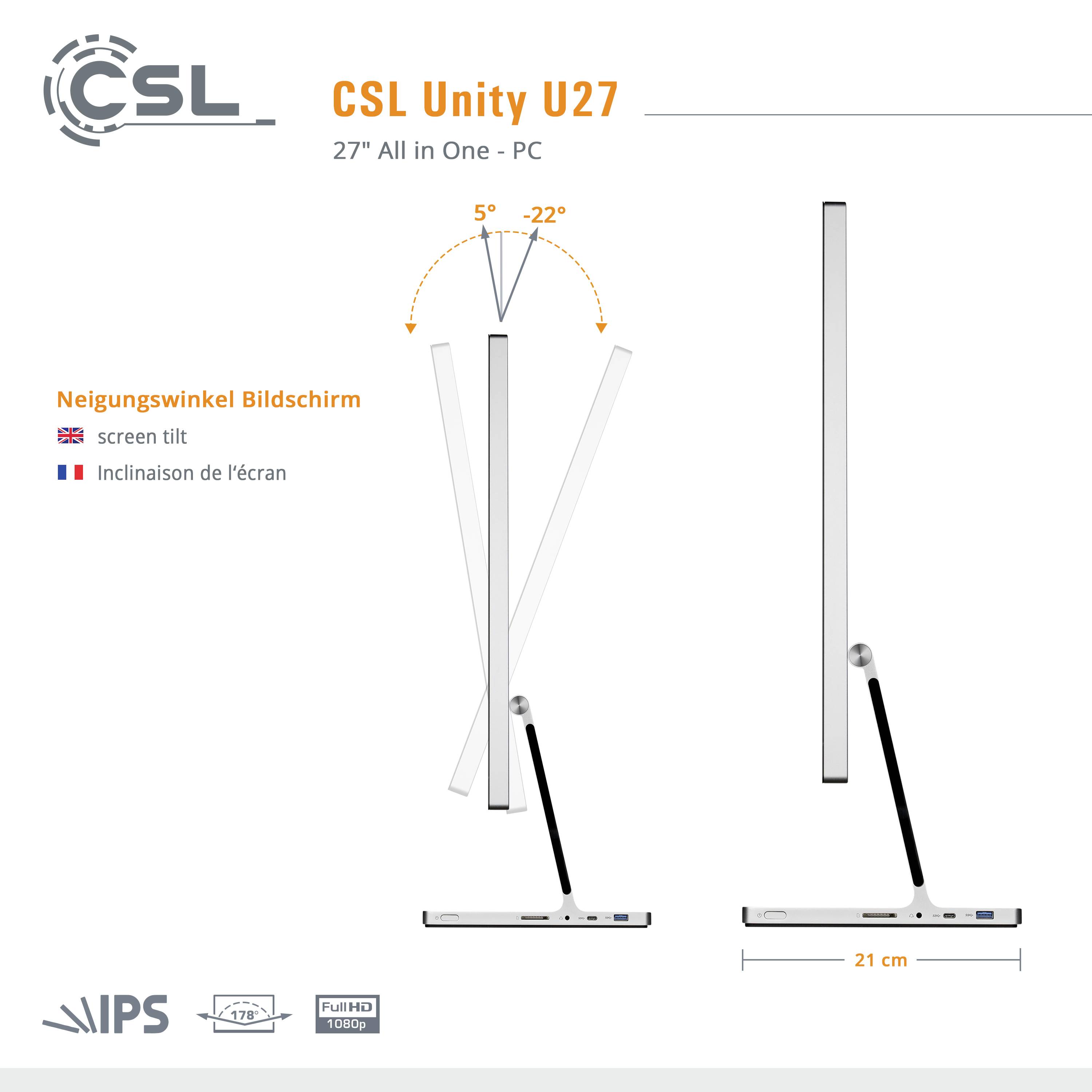 'CSL Unity U27' Monitor, 27 Zoll, zeigt Neigungswinkel des Bildschirms von -5° bis 22°. Text auf Deutsch und Englisch.