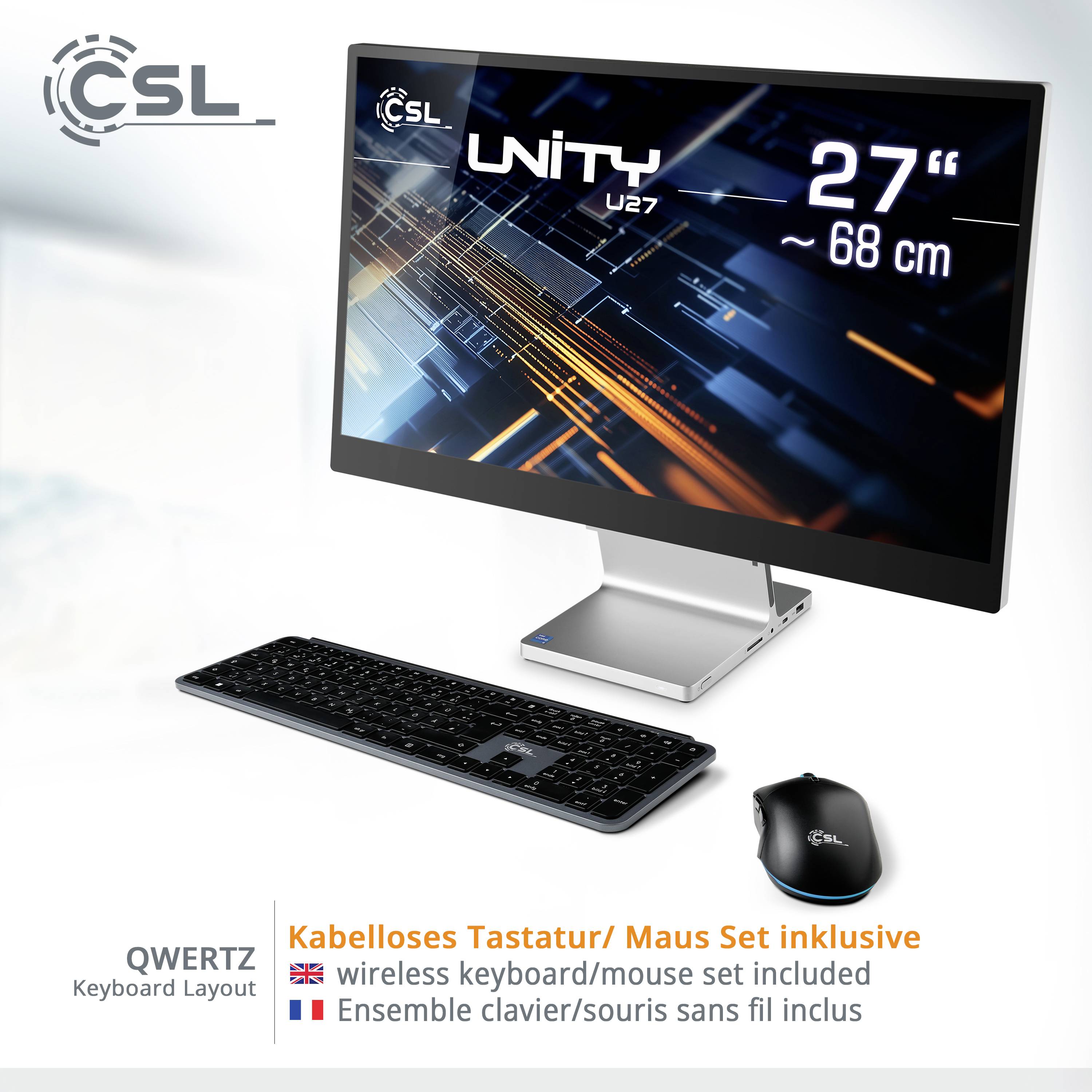 Ein Computermonitor mit der Aufschrift 'Unity 27 – 68 cm', daneben kabellose QWERTZ-Tastatur und Maus, als Set abgebildet.