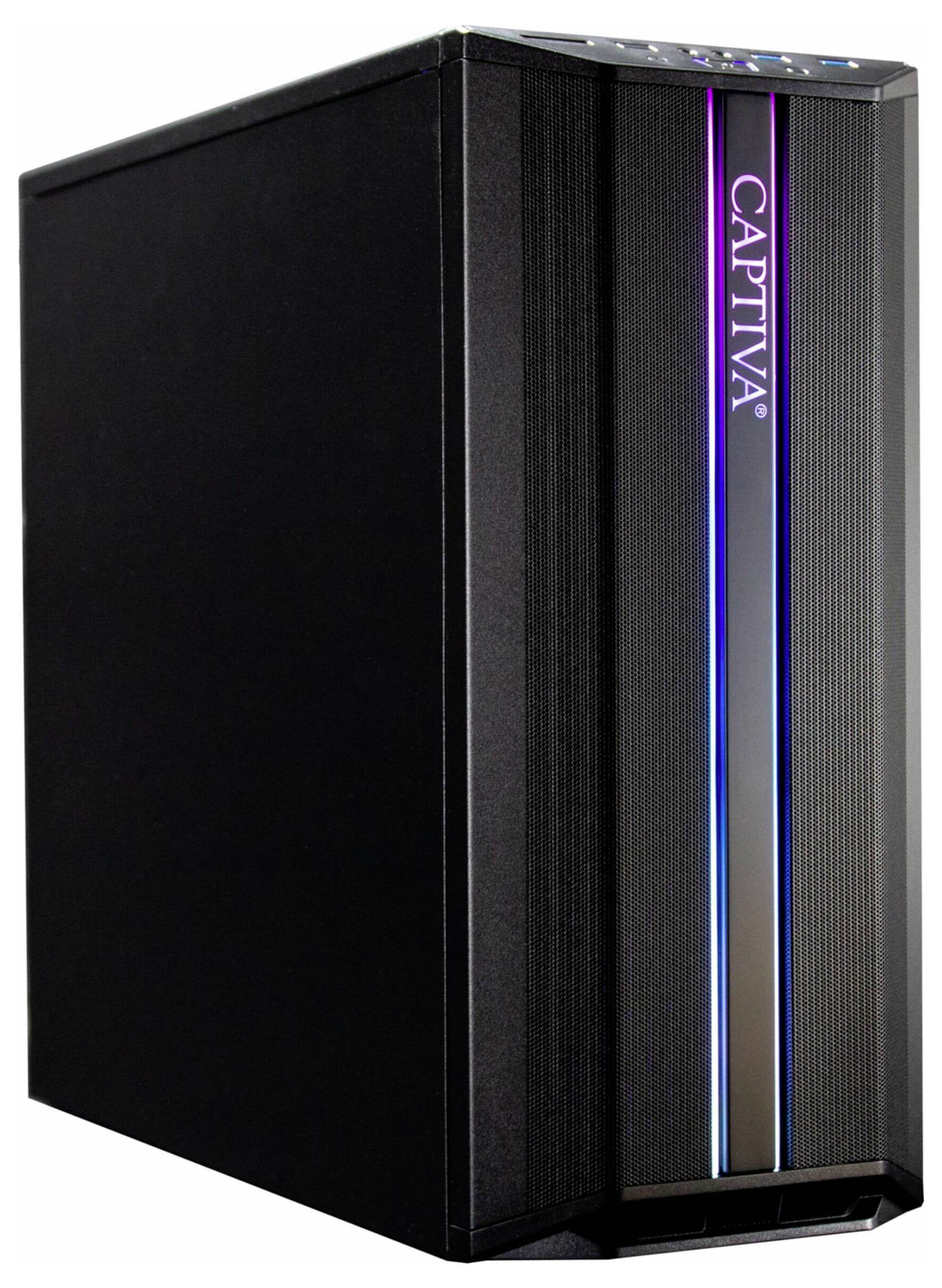 Schwarzes Computergehäuse mit vertikalem, leuchtendem RGB-Streifen und der Aufschrift 'CAPTIVA'.