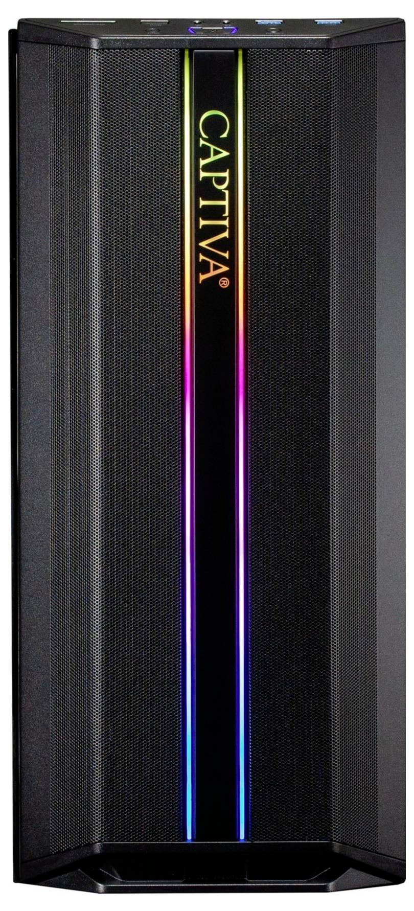 Ein schwarzer Lautsprecher mit vertikalem, leuchtendem LED-Streifen in der Mitte und dem Logo 'CAPTIVA' oben.