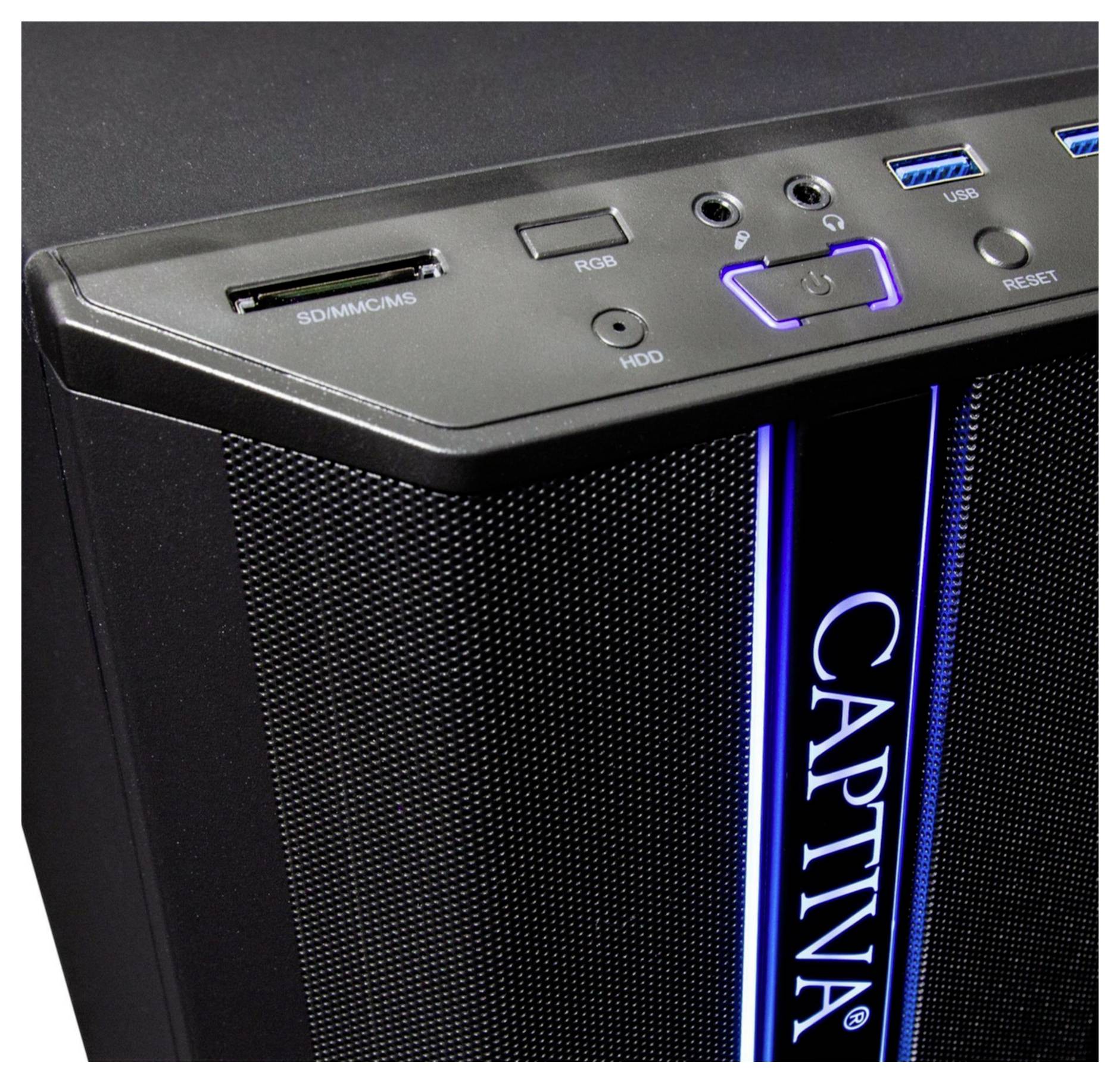 Ein Computergehäuse mit SD-Kartensteckplatz, USB-Anschlüssen und beleuchtetem 'Captiva'-Logo.