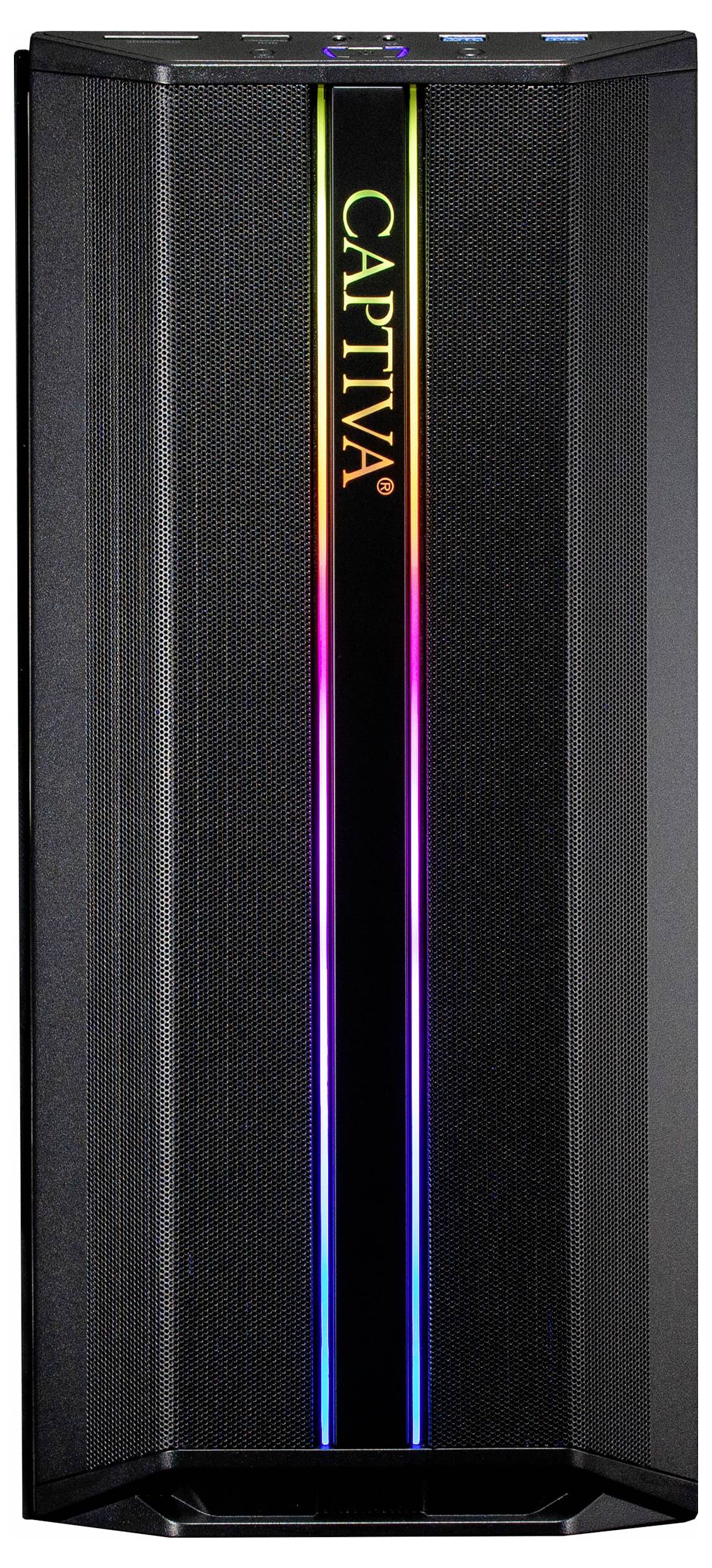 Schwarzes Computergehäuse mit vertikalen RGB-Lichtstreifen und dem Schriftzug 'CAPTIVA' in leuchtenden Farben auf der Vorderseite.