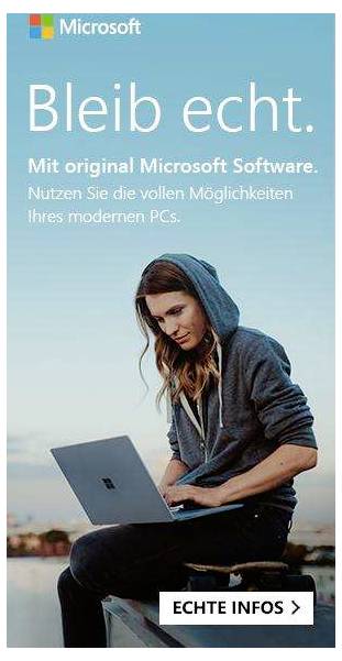 Eine Person arbeitet draußen an einem Laptop. Darüber steht: 'Bleib echt. Mit original Microsoft Software. Nutzen Sie die vollen Möglichkeiten ihres modernen PCs.'
