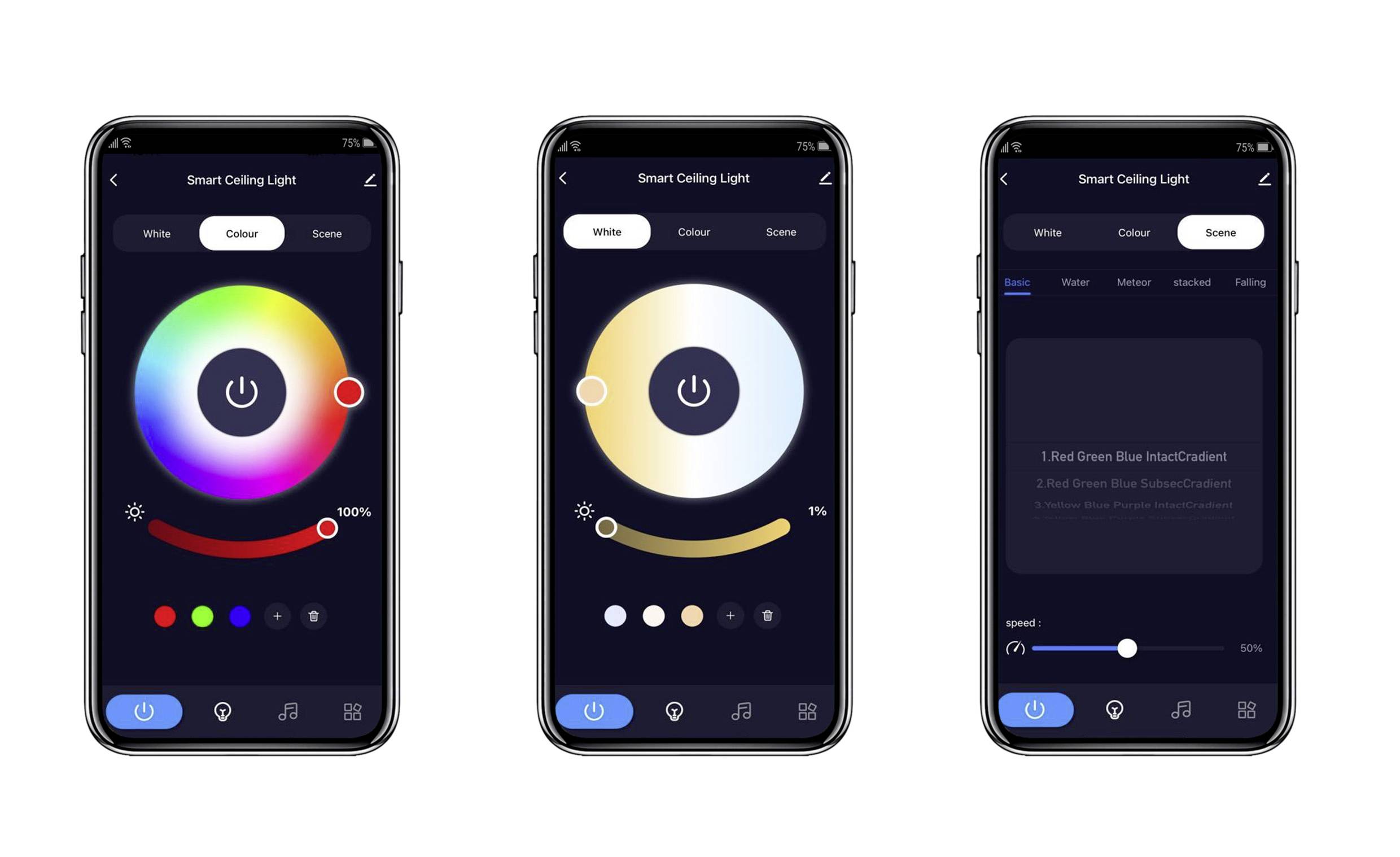 Smartphone-App-Oberfläche zur Steuerung einer intelligenten Deckenleuchte. Drei Bildschirme zeigen Farbauswahl mit einem Farbrad, Helligkeitseinstellung und Einstellungsoptionen.
