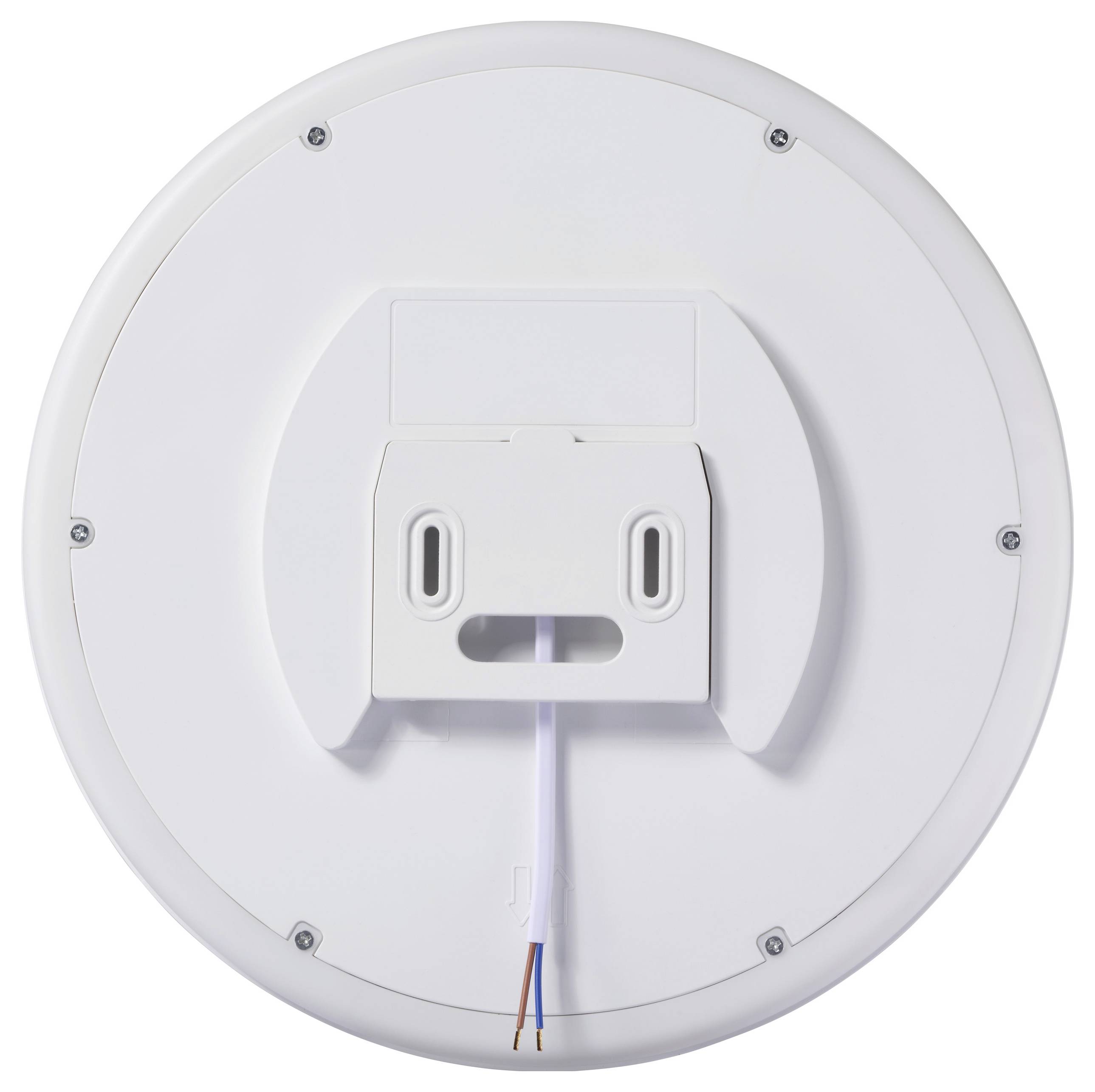 Eine runde weiße Deckenleuchte, von hinten betrachtet, mit einer Montageplatte und zwei freiliegenden blauen und braunen Kabeln, die herunterhängen.