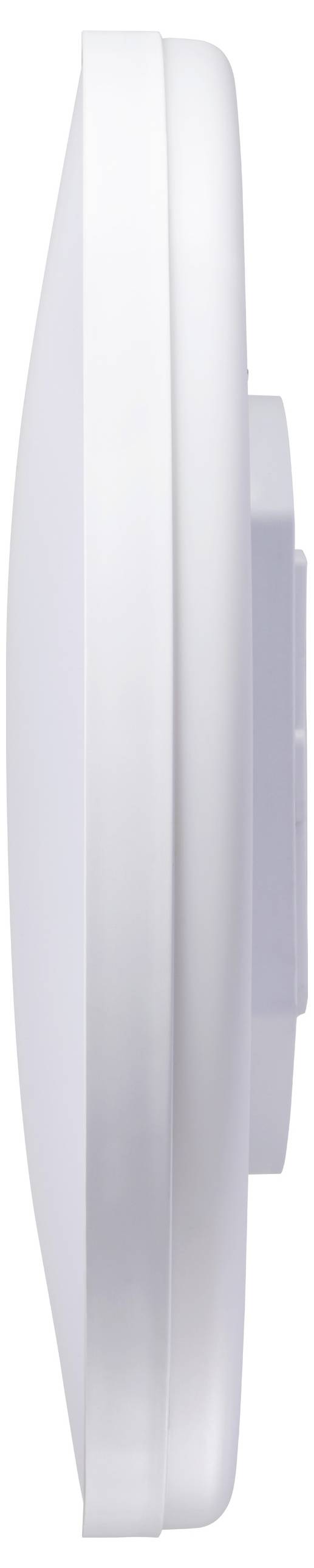 Eine Seitenansicht eines runden, weißen elektronischen Geräts, wahrscheinlich ein Rauchmelder oder eine deckenmontierte Sensorkuppel, mit einer leicht konvexen Form.