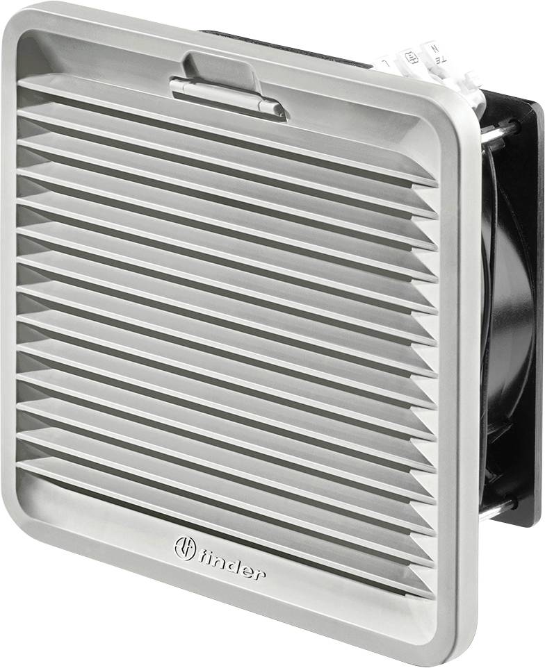 Graues, rechteckiges Belüftungsgitter mit horizontalen Lamellen, seitlich montierter Ventilator sichtbar.