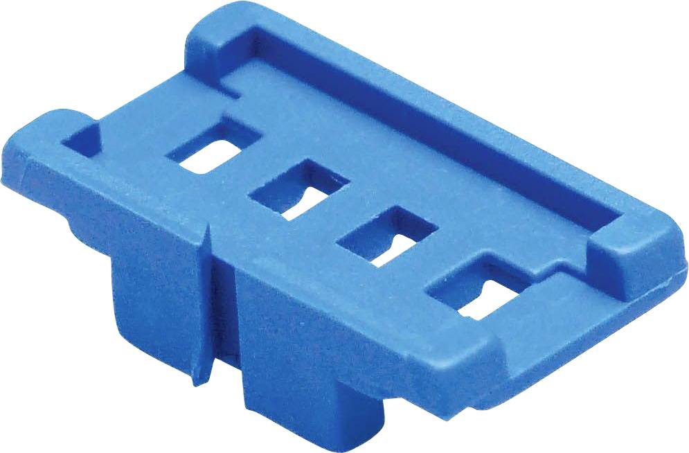 Ein blaues Kunststoffteil mit rechteckigen Öffnungen, möglicherweise ein technisches Zubehör oder Adapter.