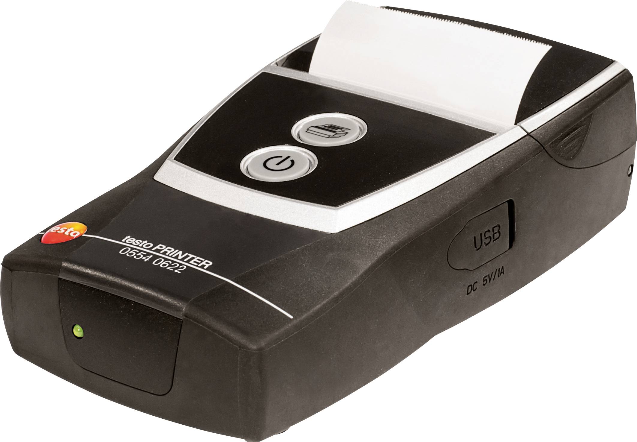 Tragbarer Thermodrucker mit zwei Tasten auf der Oberseite, einem Papierausgang und USB-Anschluss, geeignet für mobile Druckanwendungen.