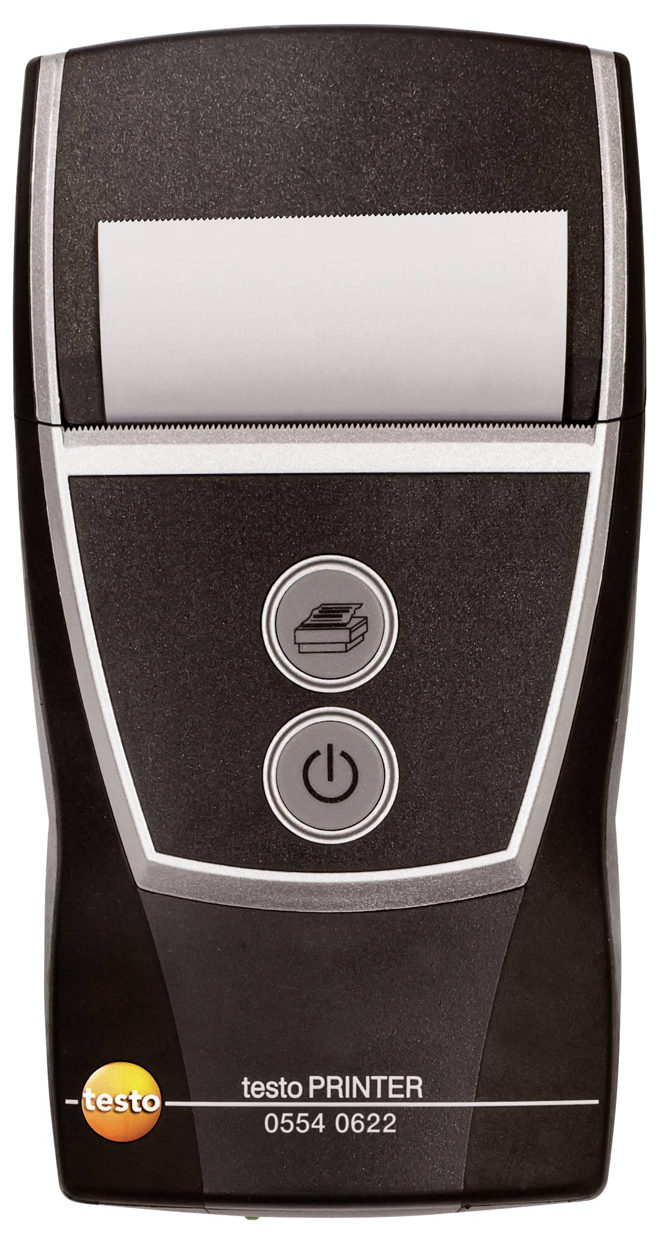Tragbarer Drucker mit zwei Tasten, eine für Papierausgabe und eine für Stromversorgung, unten ist das Logo 'testo' zu sehen.