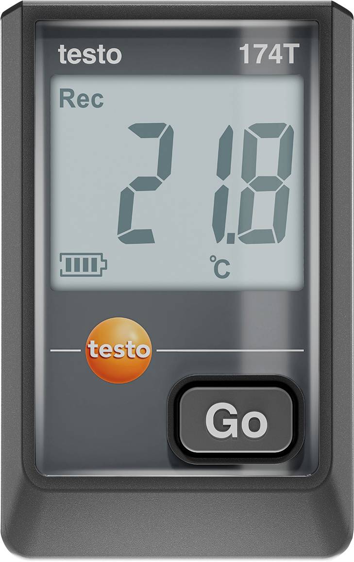 Ein digitales Thermometer mit Anzeige '21,8°C', Batterieanzeige und Tasten 'Testo' sowie 'Go'.