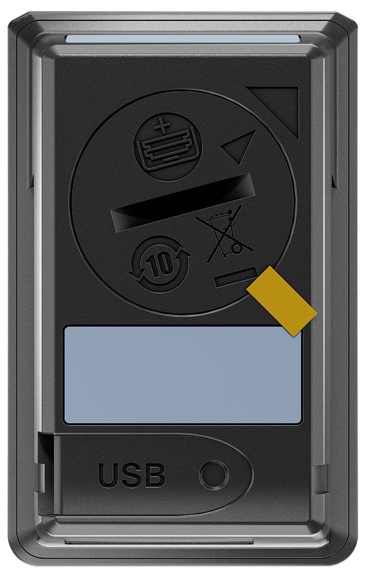 Schwarzes USB-Gerät mit Symbolen für korrekte Batterieinstallation und Warnhinweis, kompatibel mit 10A Batterien.