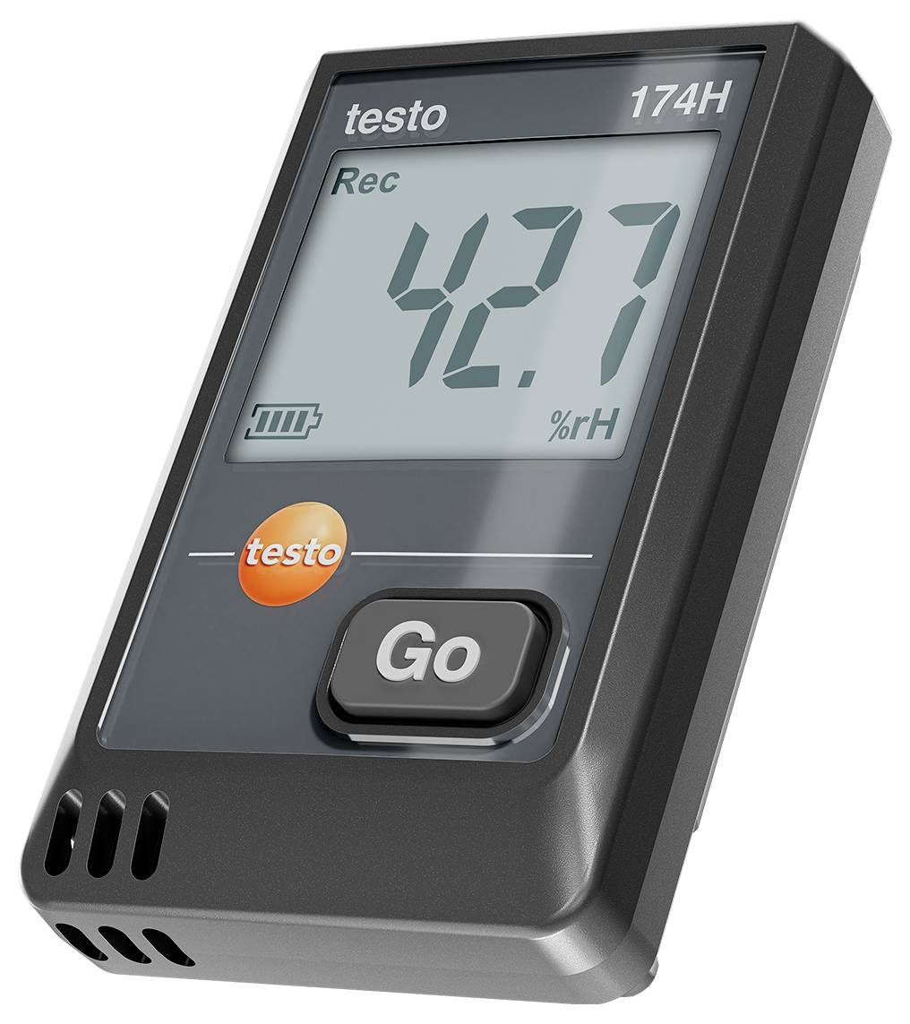 Ein digitales Hygrometer zeigt '42,7 % rH' an. Gerät hat eine 'Go'-Taste und Testo-Logo. Geeignet zur Überwachung der Luftfeuchtigkeit.