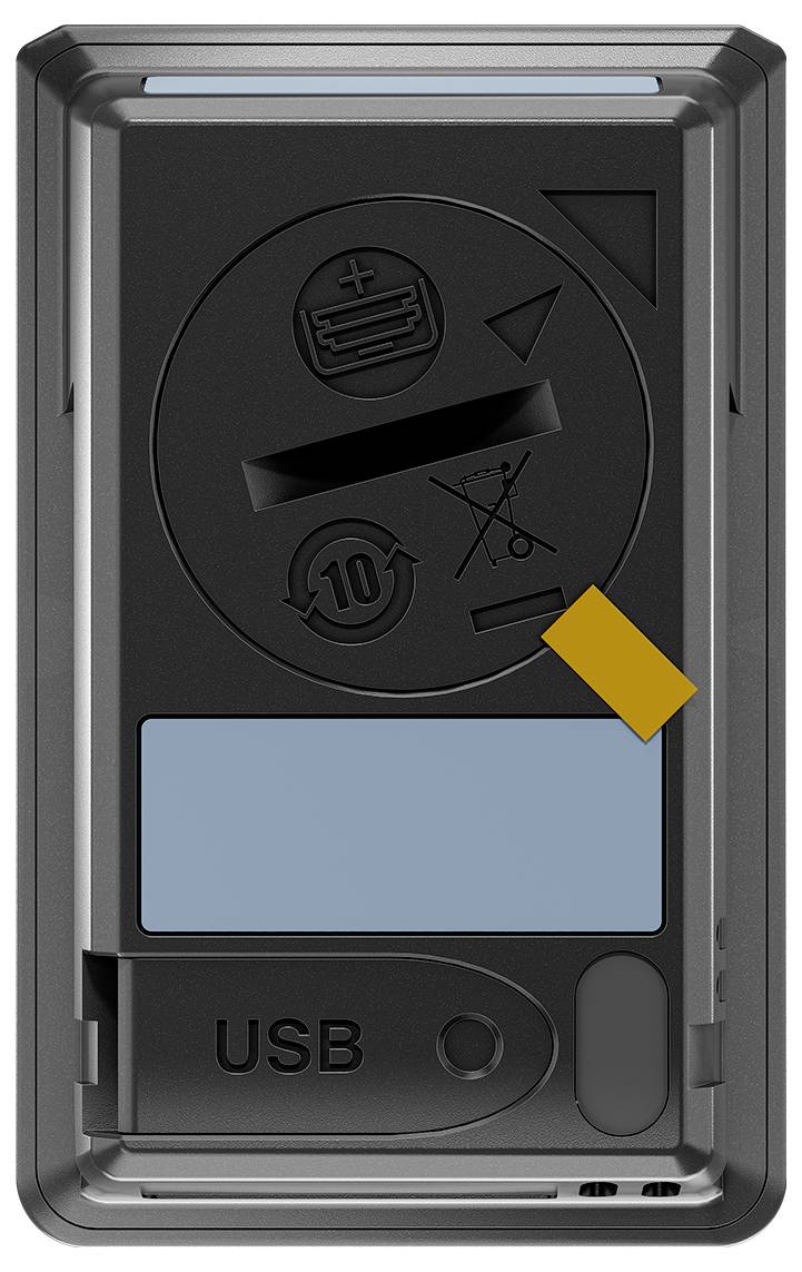 Rückseite eines Geräts mit USB-Port, Batterie- und Müllsymbolen, sowie einer blauen Abdeckung; zeigt Nutzungs- und Entsorgungshinweise.