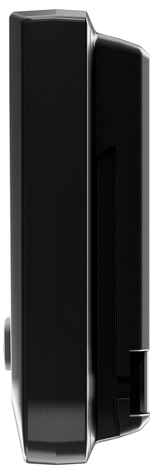 Schwarzes Gerät, Seitenansicht, mit rechteckiger Form und glatten Kanten. Focus auf Design und Material.