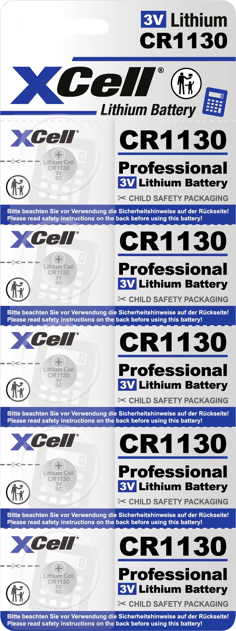Verpackung von XCell Lithium-Batterien Typ CR1130, 3V. Fünf Batterien auf einer Karte, hervorgehoben: 