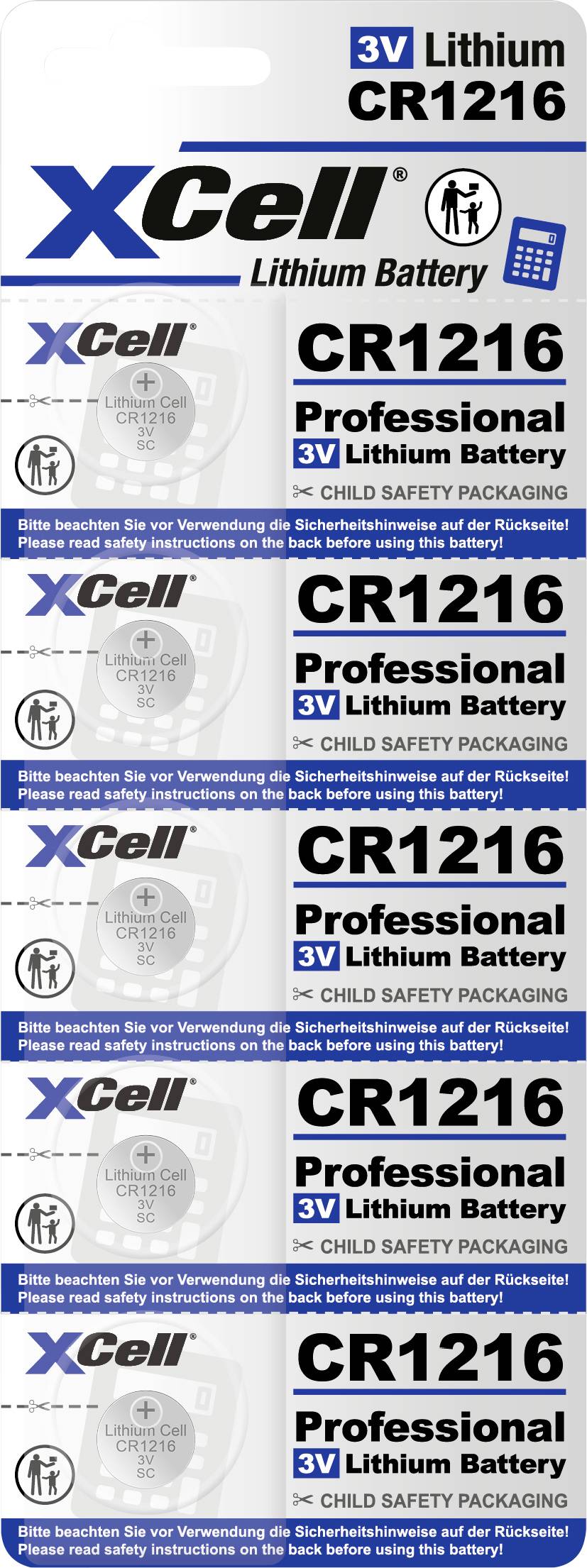 Mehrere Lithium-Knopfzellen der Marke XCell, Modell CR1216, 3V. Verpackung mit Kinder-Sicherheitsverpackung und Hinweis auf professionelle Nutzung.