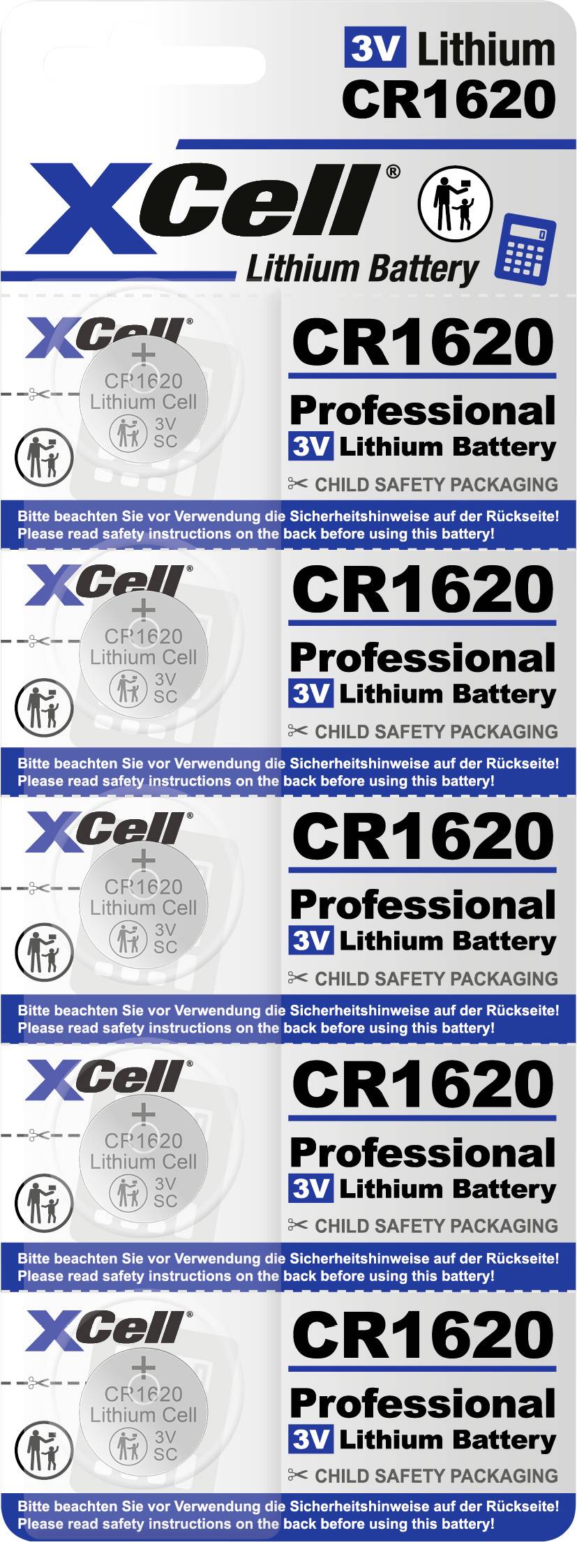 Verpackung einer 'XCell' Lithium-Batterie CR1620, zeigt sechs Knopfzellen in kindersicherer Verpackung.