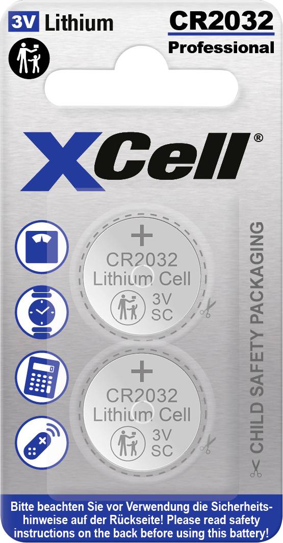 Verpackung mit zwei CR2032 Lithium-Knopfzellen für professionelle Anwendungen, kindersicher verpackt.