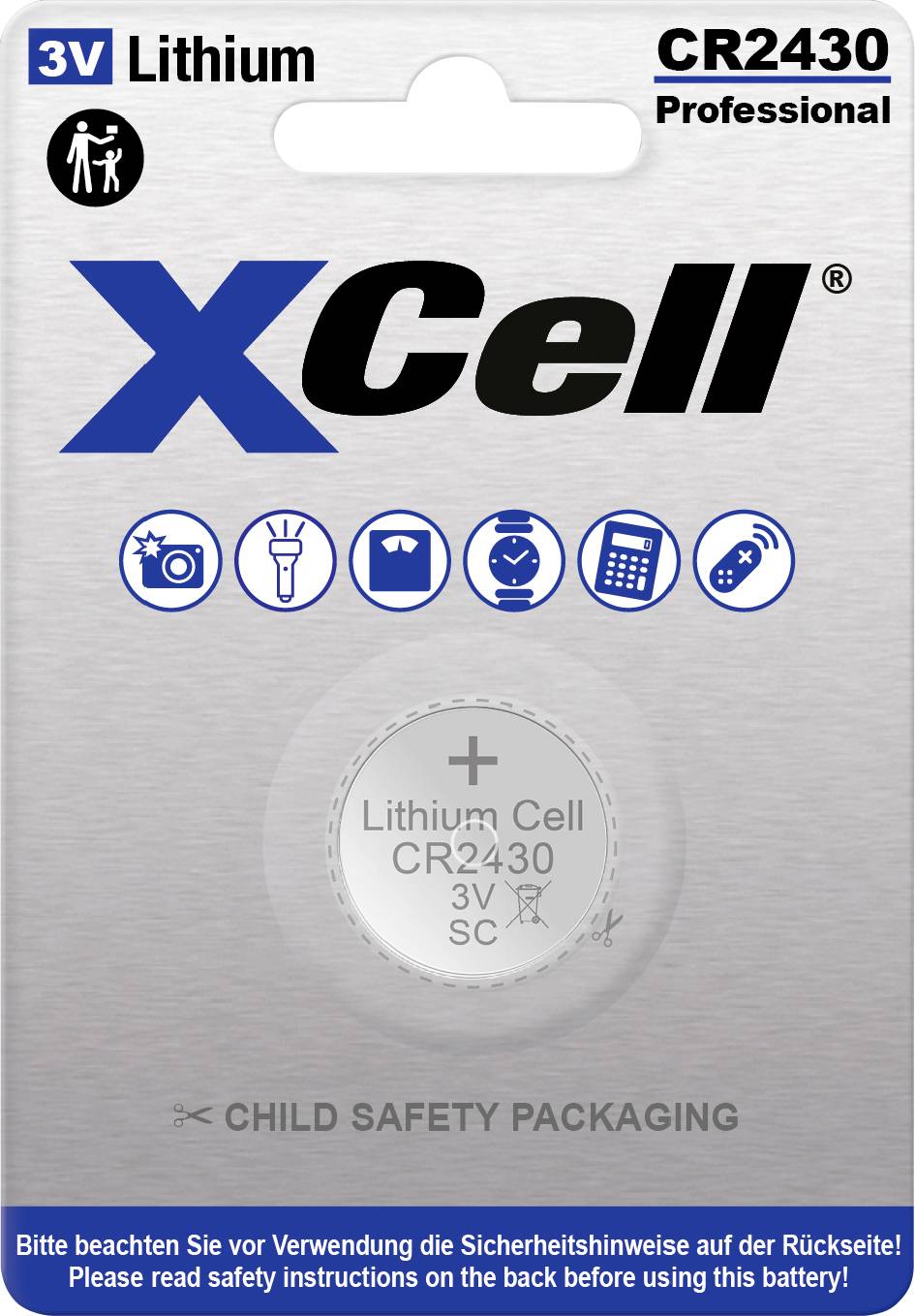 'XCell'-Verpackung für CR2430 3V Lithium-Knopfzelle, mit Kindersicherung und Symbolen für Taschenlampe, Waage, Fernbedienung und Taschenrechner.