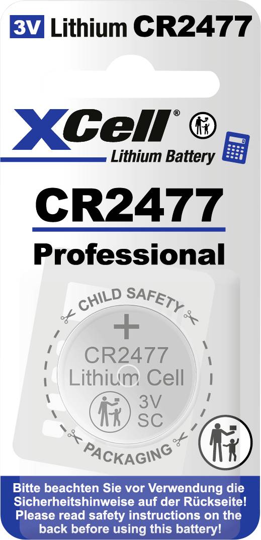 'CR2477 Professional', Lithium-Batterieverpackung der Marke XCell. Hinweis zur Kindersicherung und Sicherheitsinformationen auf Rückseite.
