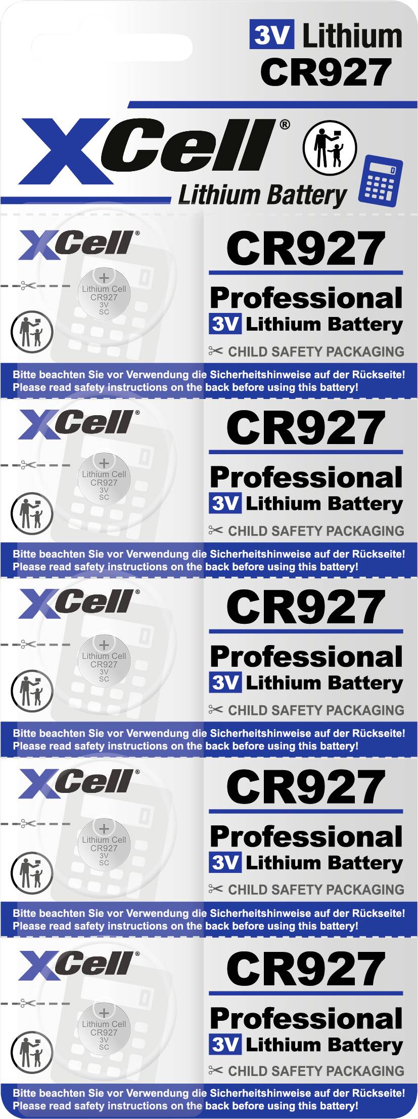 Packung mit sechs XCell 3V Lithium CR927 Batterien, beschriftet als 'Professional', weist auf Kindersicherungsverpackung hin.