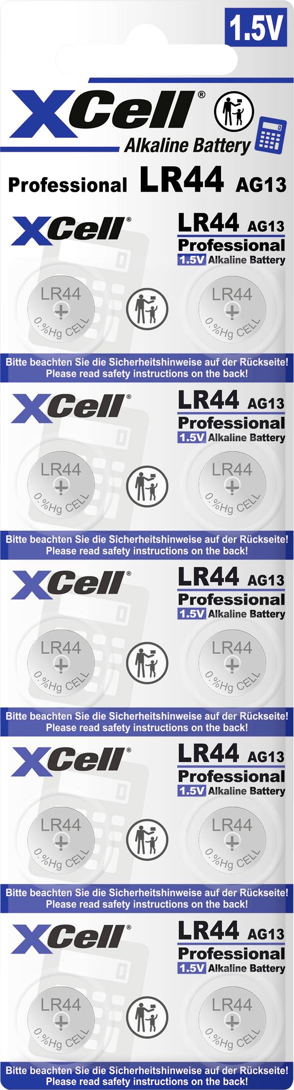 'XCell Alkaline Battery LR44 AG13 Professional' auf der Verpackung für Knopfzellenbatterien. Sechs Batterien sind in der Verpackung.