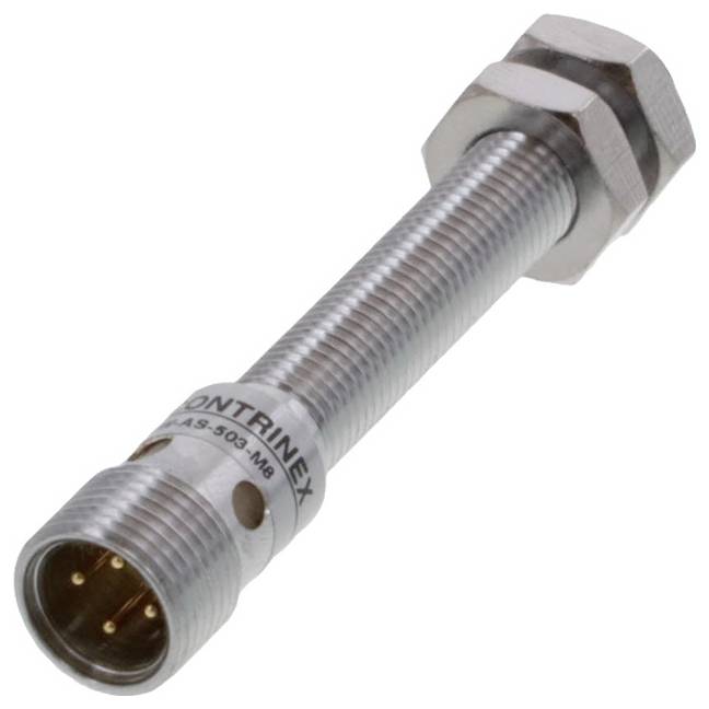 Ein zylindrischer, metallischer Näherungssensor mit Schraubgewinde, markiert mit 'CONTRINEX'. Das Kabelende zeigt mehrere Steckkontakte.
