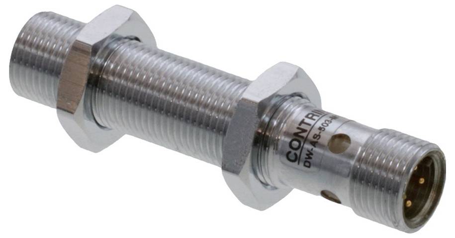 Zylindrischer Induktivsensor aus Metall mit zwei Sechskantmuttern. Aufschrift 'DW-AD-503' sichtbar. Geeignet für industrielle Anwendungen.