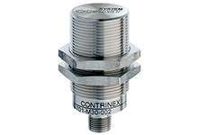 Ein zylindrischer, verchromter Sensor von Contrinex mit der Modellnummer DW-AD-609-M12-001.