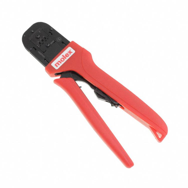 Ein rotes Crimpwerkzeug mit der Bezeichnung „Molex