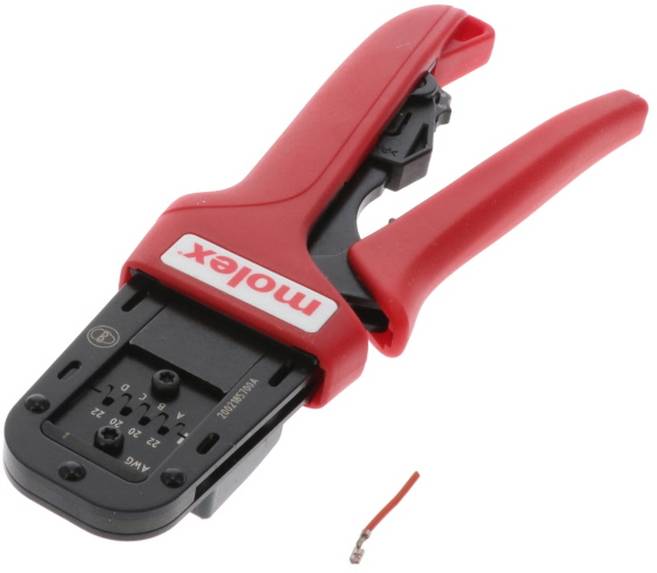 Molex-Crimpautomat mit rotem Griff und Terminalstecker, verwendet zum Befestigen von Drähten an Anschlüssen in elektronischen und elektrischen Anwendungen.