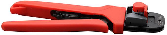 Ein rotes Abisolierungswerkzeug mit verstellbaren Einstellungen und scharfer Schneidkante, entwickelt zum Entfernen der Isolierung von Elektrokabeln.