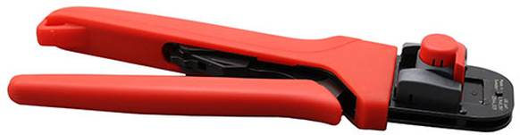 Rotes Crimpwerkzeug mit schwarzen Komponenten, verwendet zum Abisolieren von Ethernet- und Telefonkabeln.