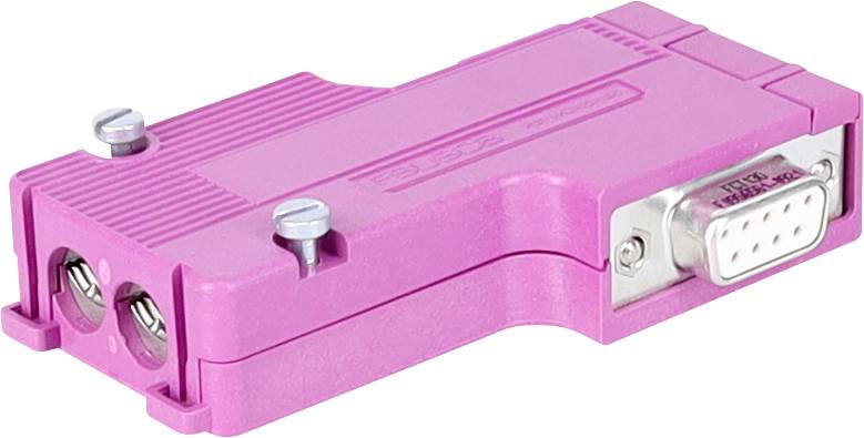 Ein rosa DB9-Geschlechtsumwandler mit zwei nebeneinander liegenden Buchsen und einem Stecker auf der gegenüberliegenden Seite, der zum Umwandeln von weiblichen in männliche serielle Anschlüsse verwendet wird.
