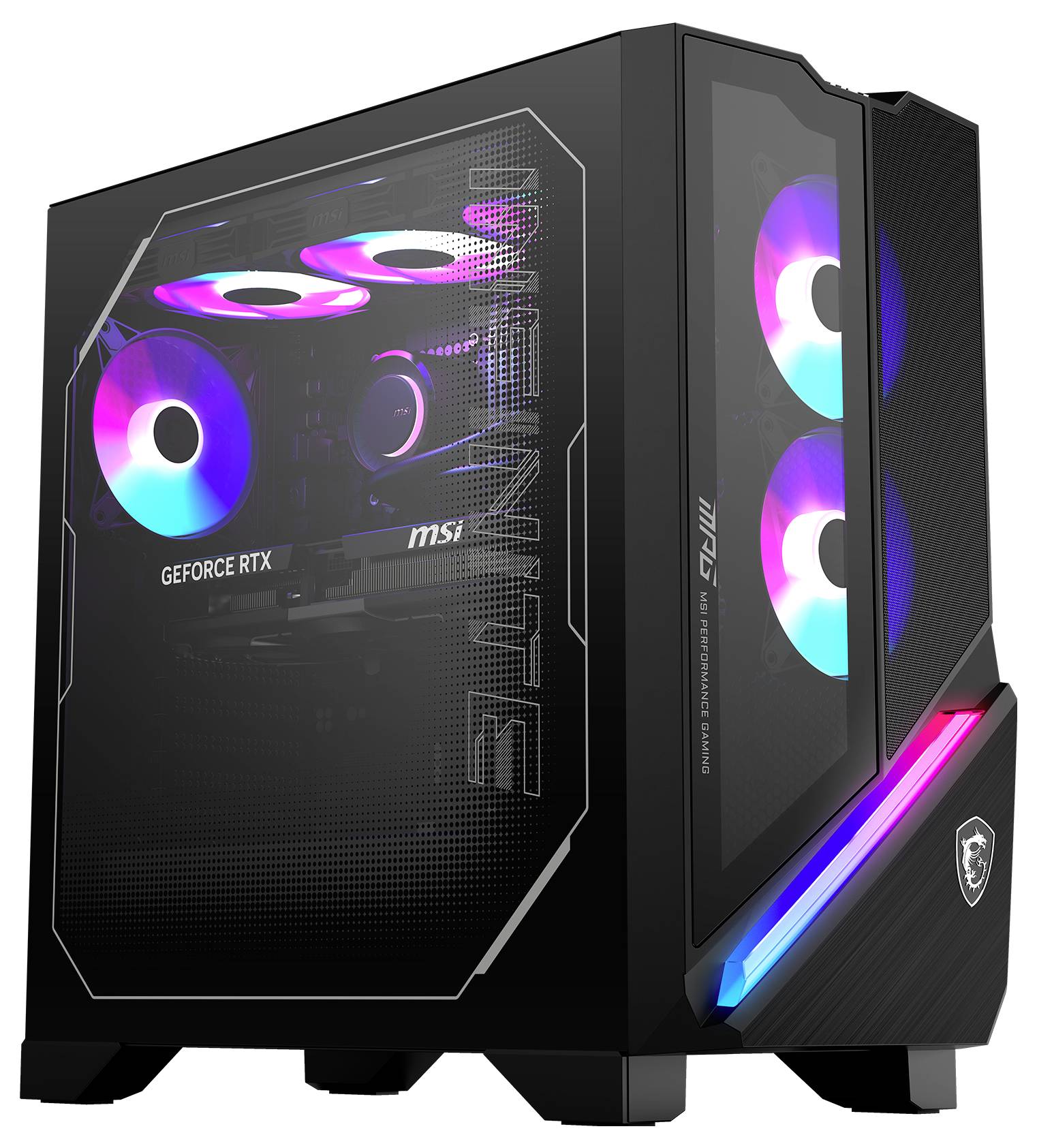 Schwarzes PC-Gehäuse mit Sichtfenster, zeigt bunte RGB-Beleuchtung und Komponenten im Inneren, u.a. mit 'Geforce RTX'-Grafikkarte.