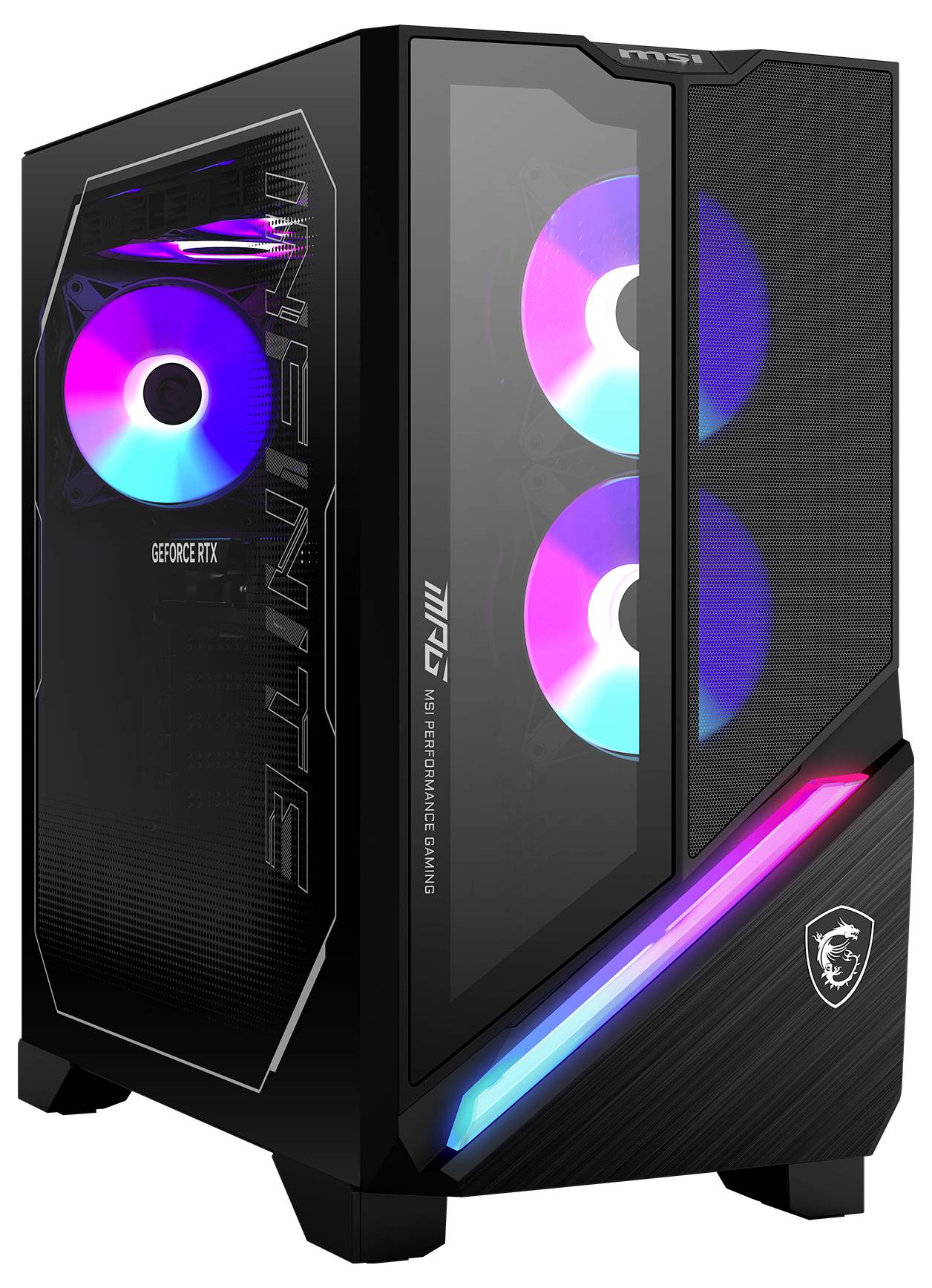Schwarzer Gaming-PC mit transparentem Seitenfenster, sichtbar sind drei leuchtende Lüfter und ein GeForce RTX-Logo.