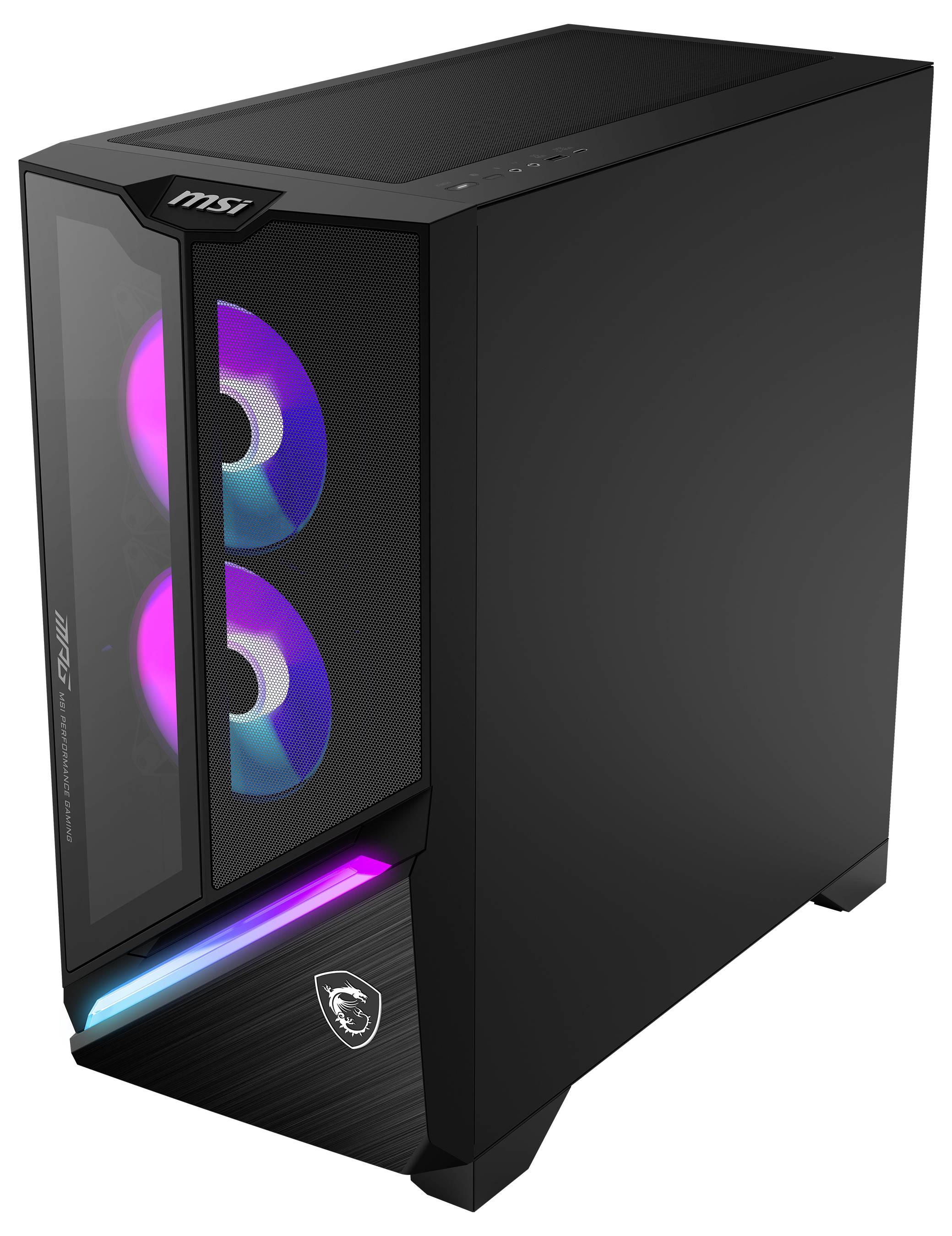 Schwarzes MSI-PC-Gehäuse mit zwei RGB-Lüftern an der Vorderseite. Das Gehäuse hat eine glatte Oberfläche und silberne Akzente.