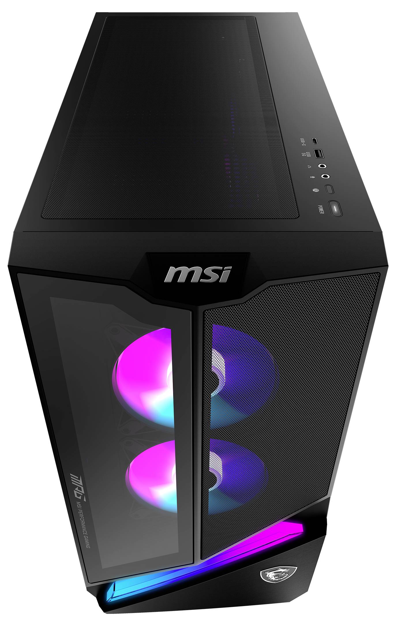 Ein schwarzes MSI-Computergehäuse mit leuchtenden LED-Lüftern in Blau und Lila, seitliches Sichtfenster und markantem Design.