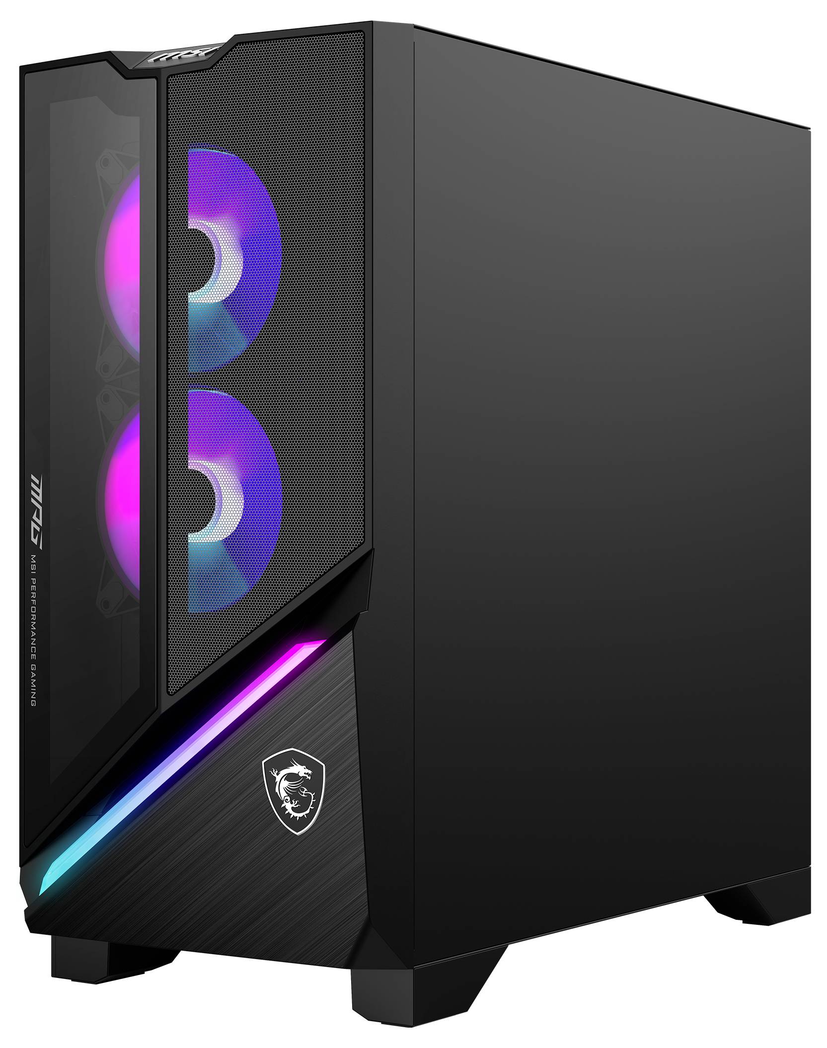 Schwarzes PC-Gehäuse mit zwei sichtbaren Lüftern, die in Regenbogenfarben leuchten. Enthält MSI-Logo, geeignet für Gaming-PCs.